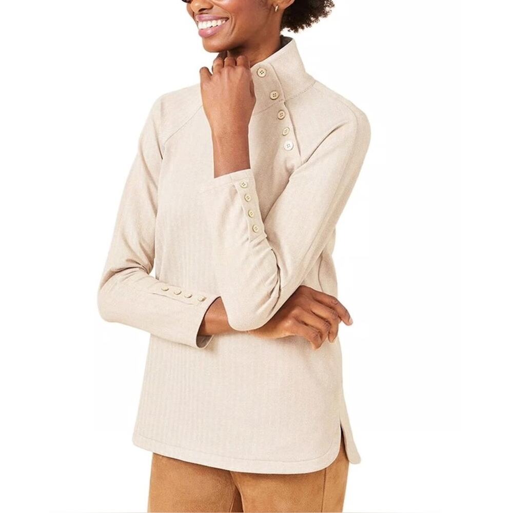 J.McLaughlin Marisa Mock Neck Button Detail Knit Tunic Top Tan Herringbone XS